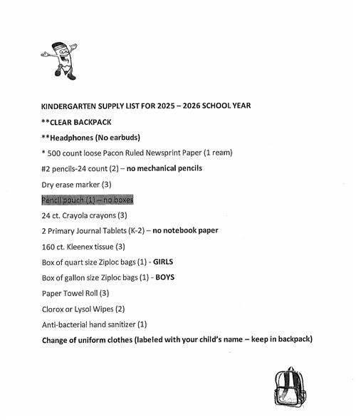 Kindergarten Supply List 2025-2026